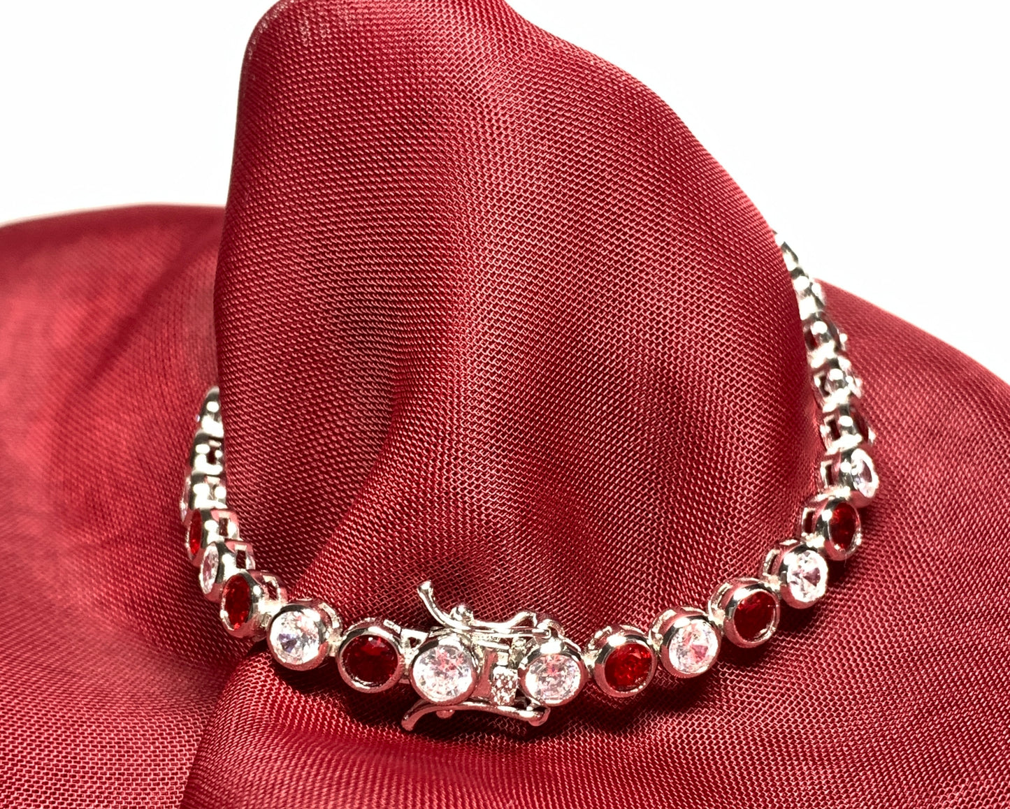Tennis bracelet red and white sterling silver cubic zirconia stone set