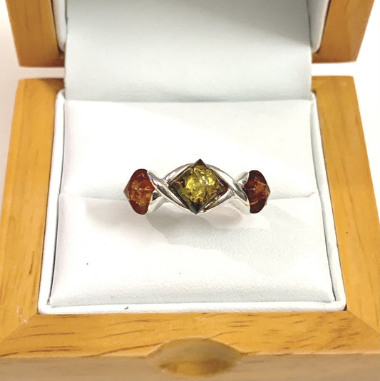 Three Stone Sterling Silver Amber Ring