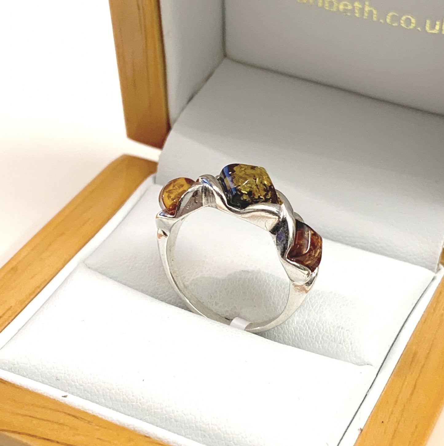 Three Stone Sterling Silver Amber Ring