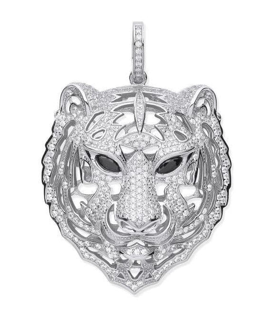Tiger Necklace Sparkly Solid Sterling Silver Large Pendant