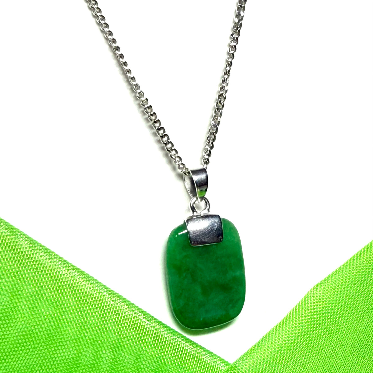 Timeless sterling silver cushion shape real green jade necklace pendant with a chain included