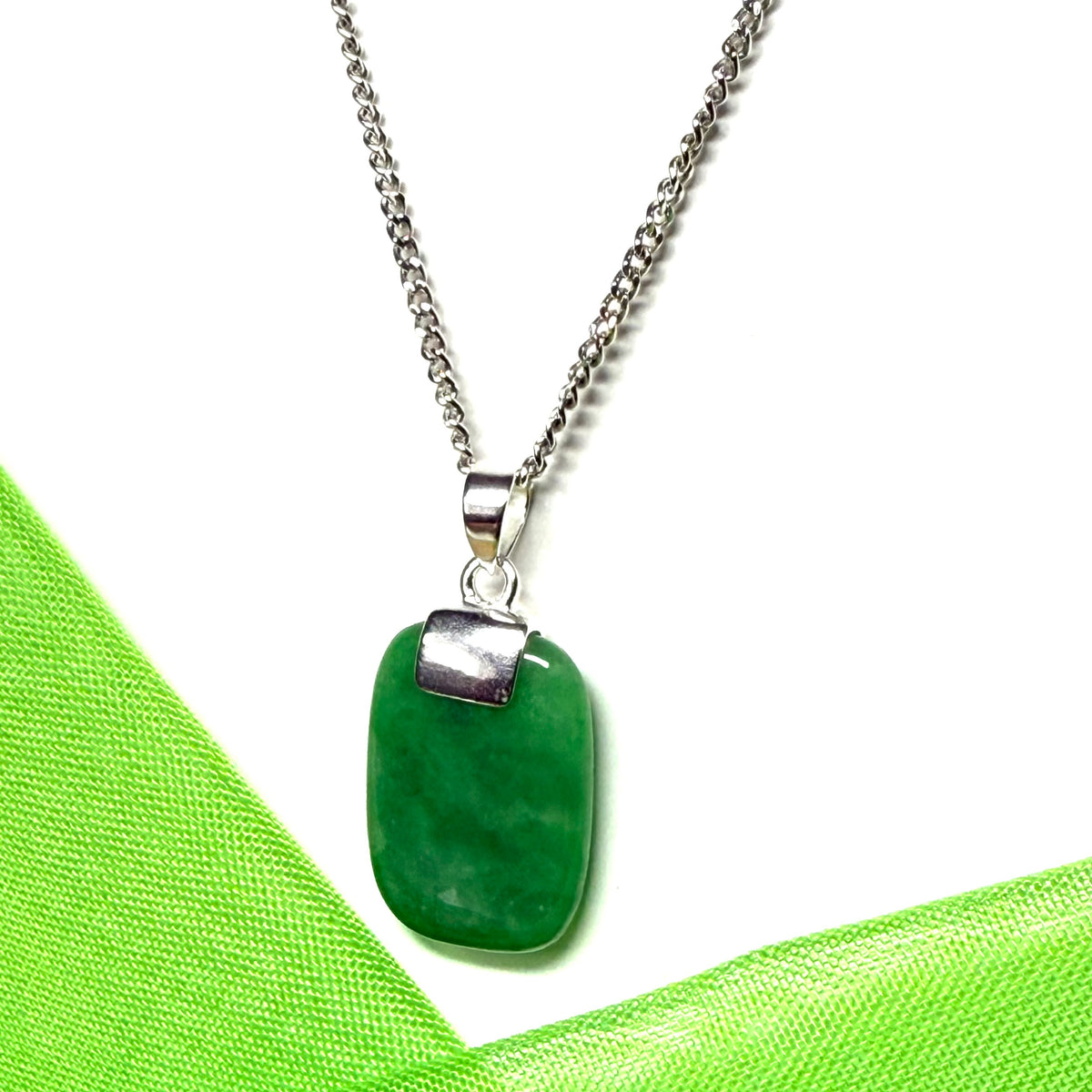 Timeless sterling silver cushion shape real green jade necklace pendant with a chain included