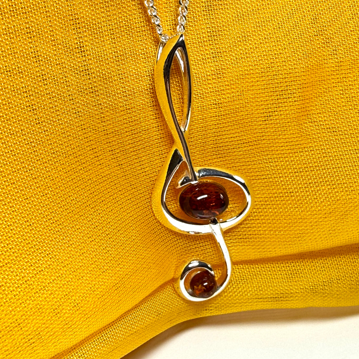 Treble clef necklace musical orange real amber sterling silver pendant