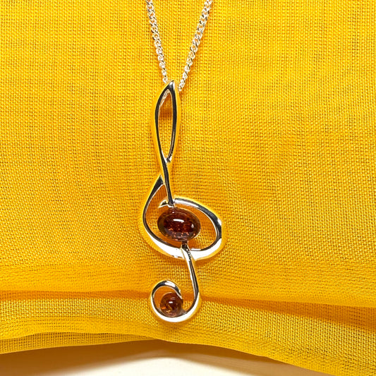 Treble clef necklace musical orange real amber sterling silver pendant