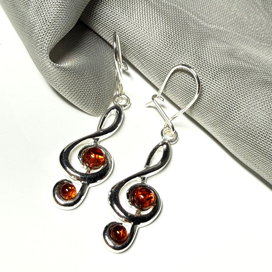 Treble clef real amber earrings drop sterling silver