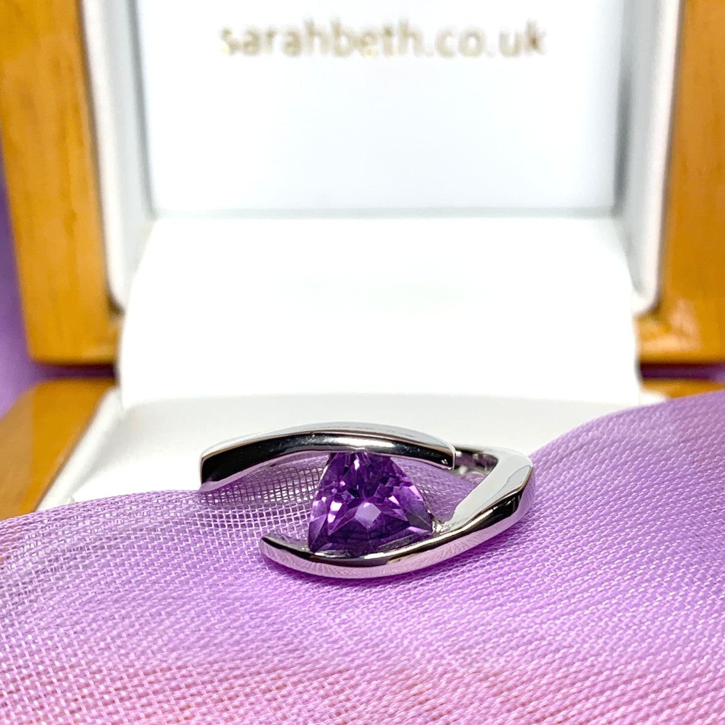 Triangle shaped sterling silver real amethyst ring