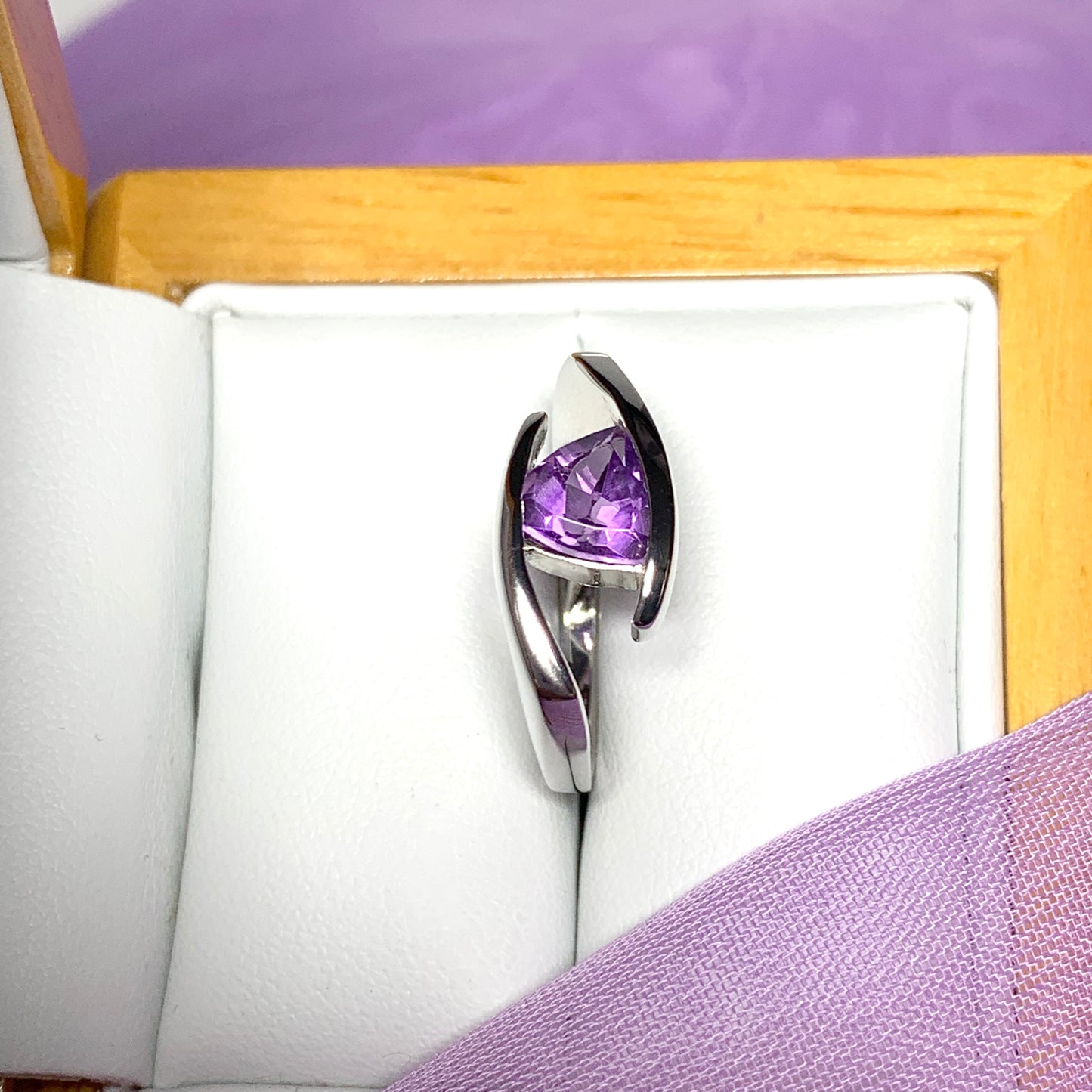 Triangle shaped sterling silver real amethyst ring