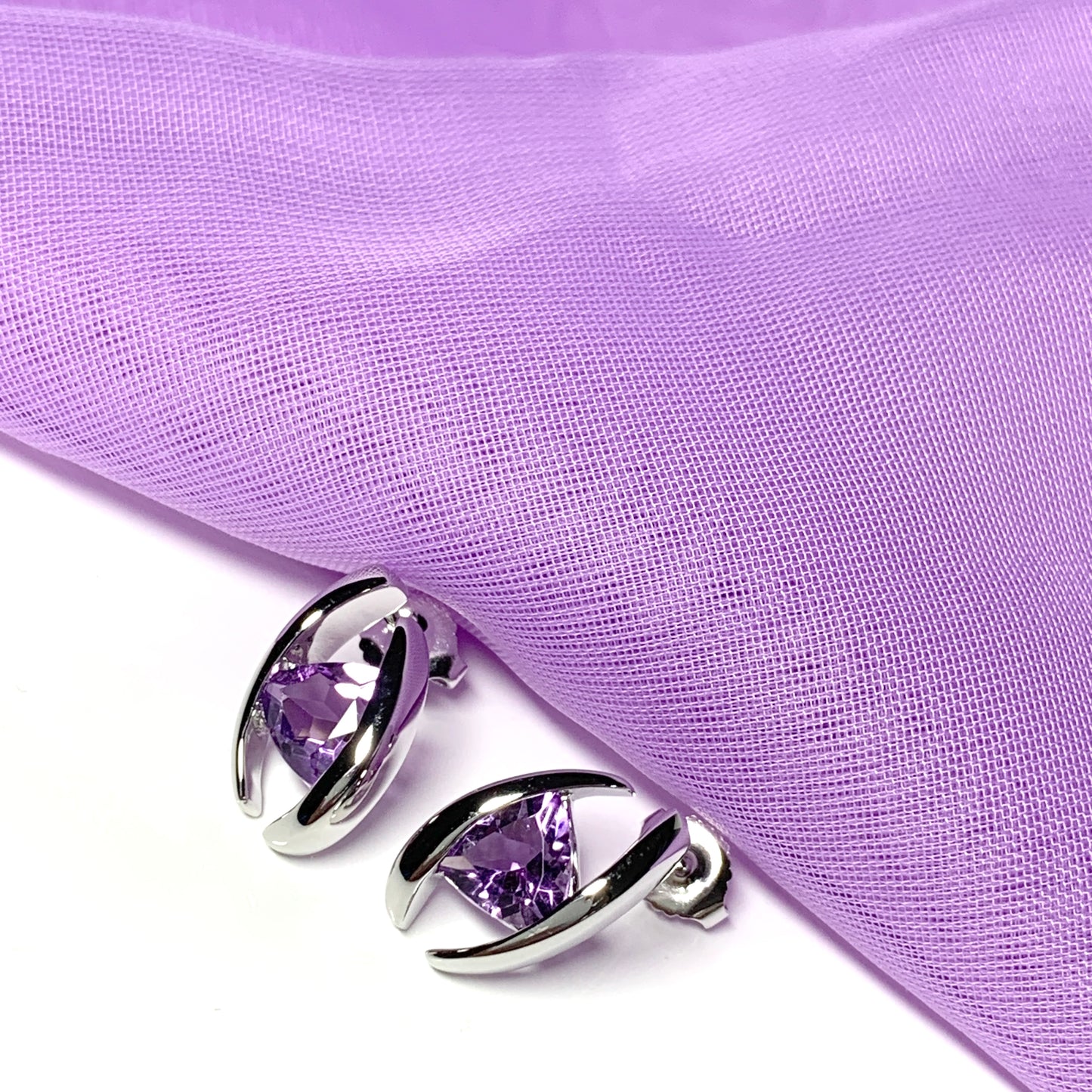 Triangle shaped sterling silver real amethyst fancy stud earrings