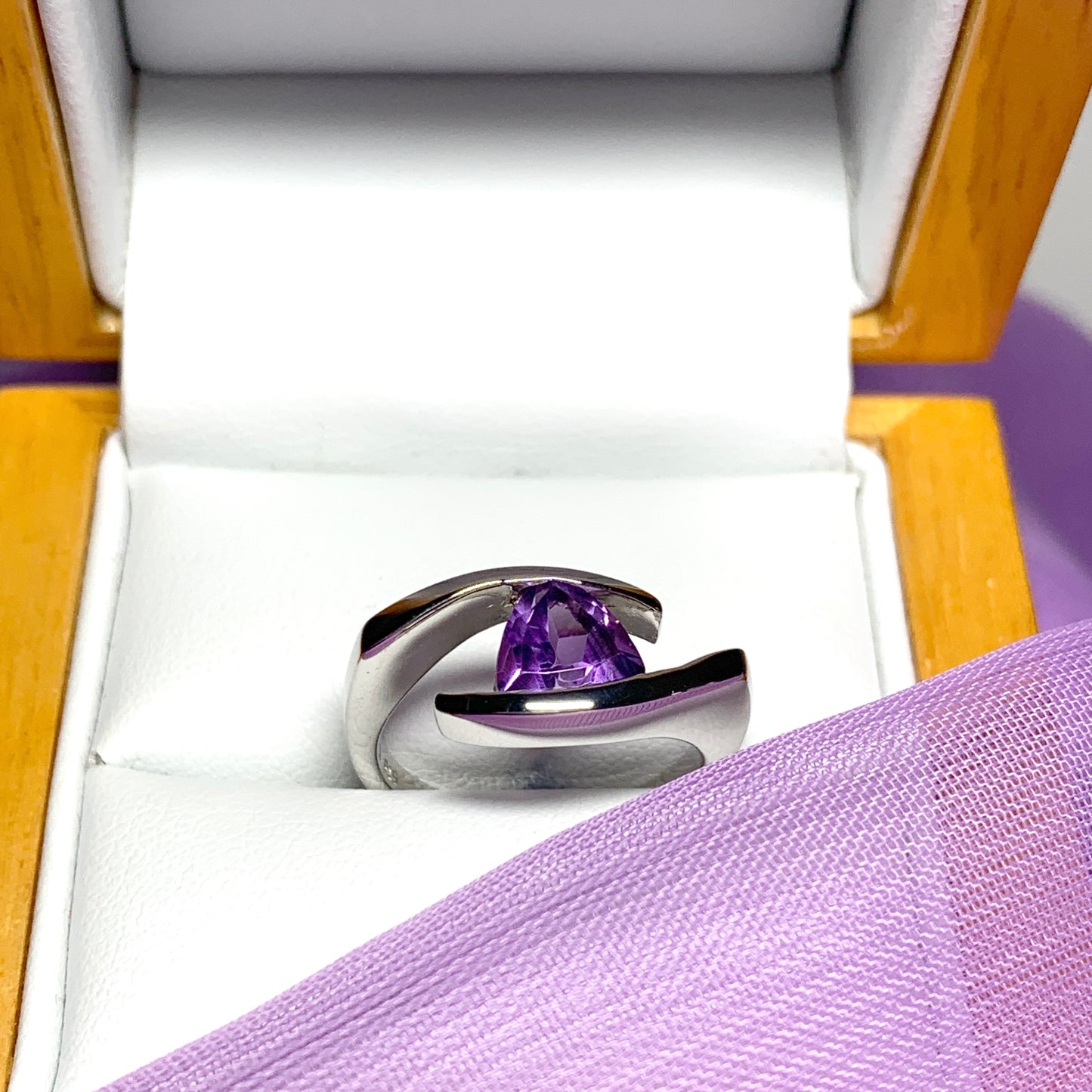 Triangle shaped sterling silver real amethyst ring