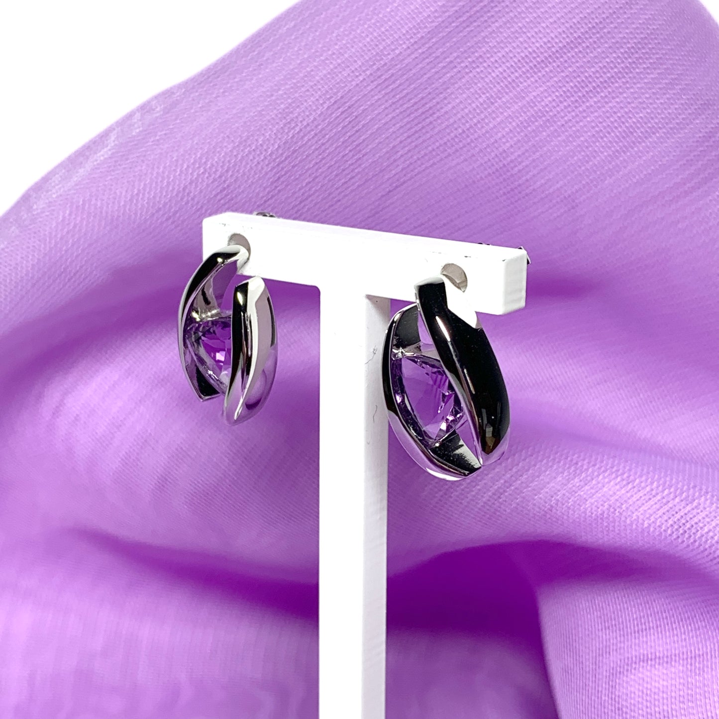 Triangle shaped sterling silver real amethyst fancy stud earrings