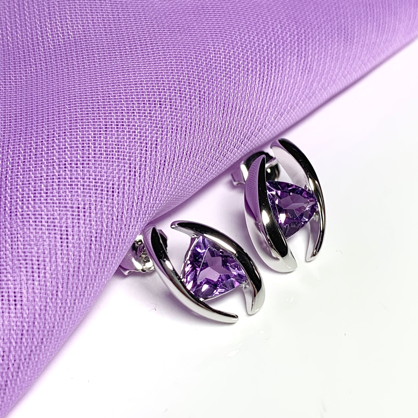 Triangle shaped sterling silver real amethyst fancy stud earrings