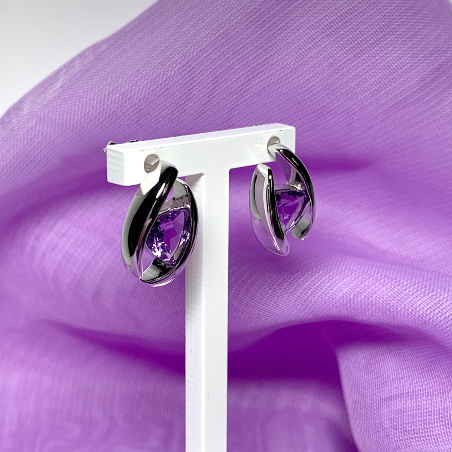 Triangle shaped sterling silver real amethyst fancy stud earrings