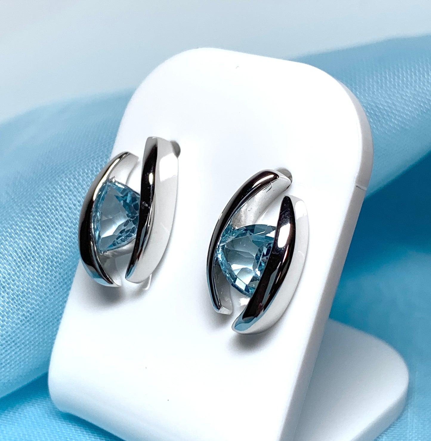 Triangle shaped sterling silver real light blue topaz fancy stud earrings