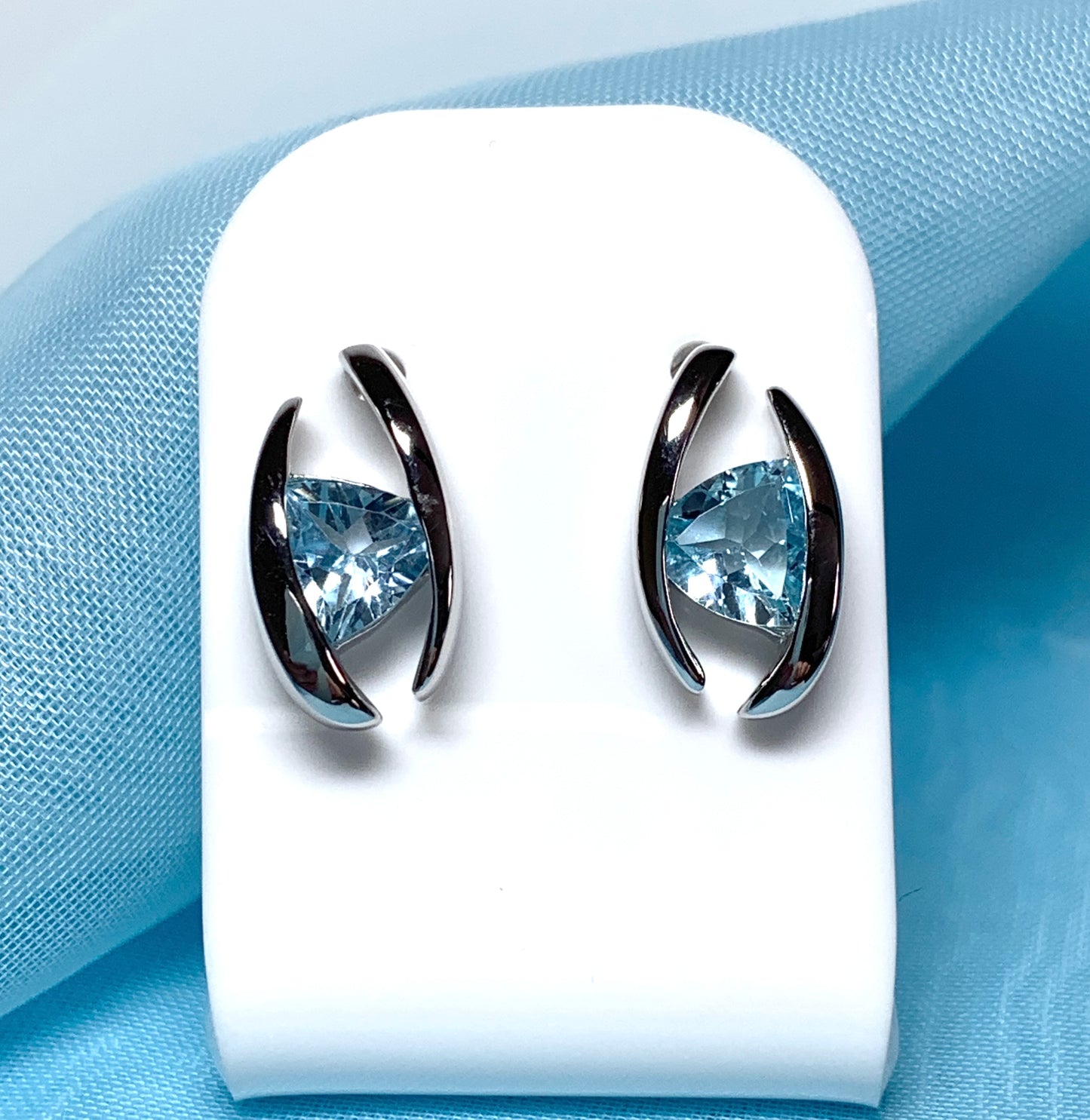 Triangle shaped sterling silver real light blue topaz fancy stud earrings