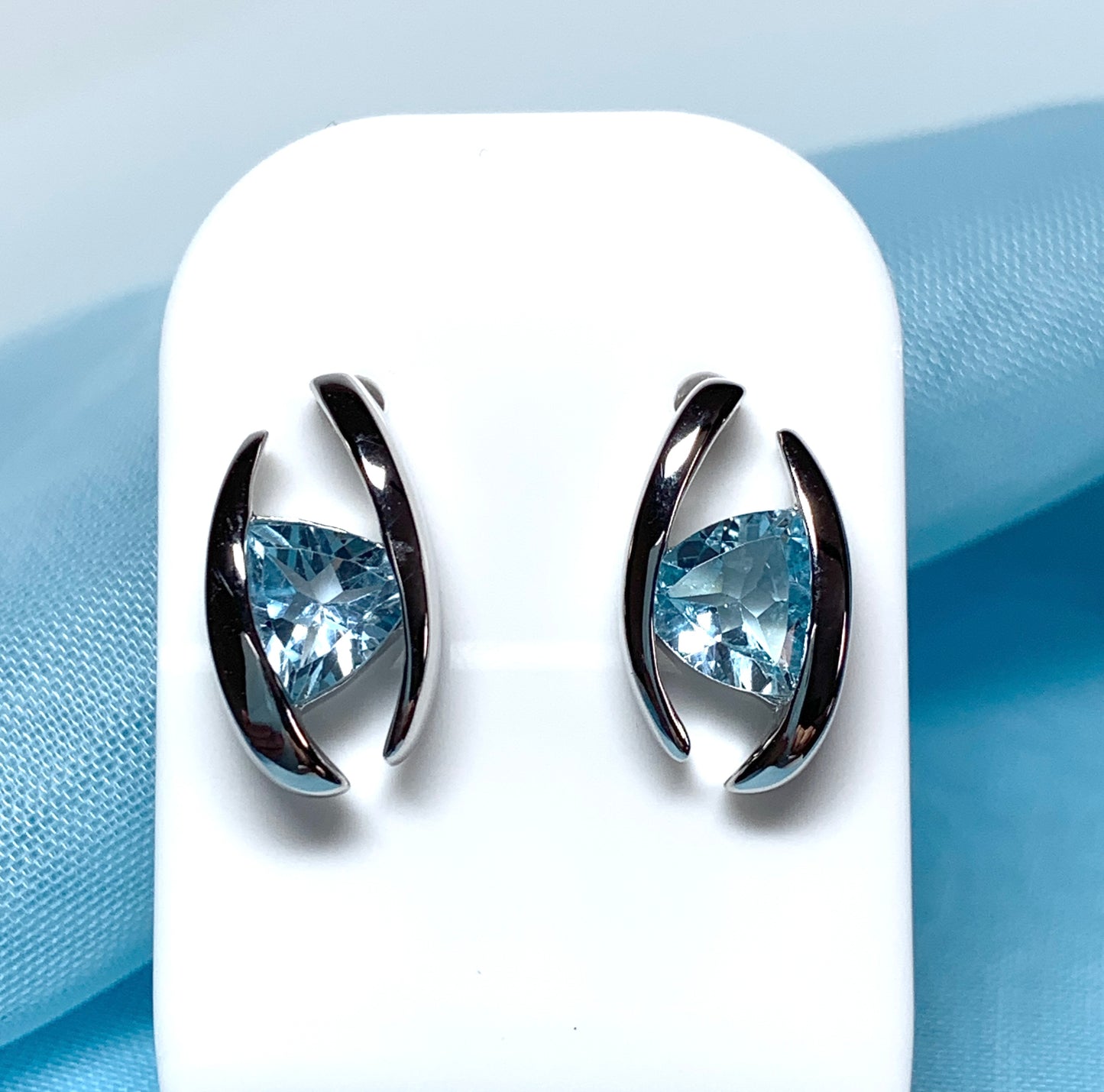 Triangle shaped sterling silver real light blue topaz fancy stud earrings