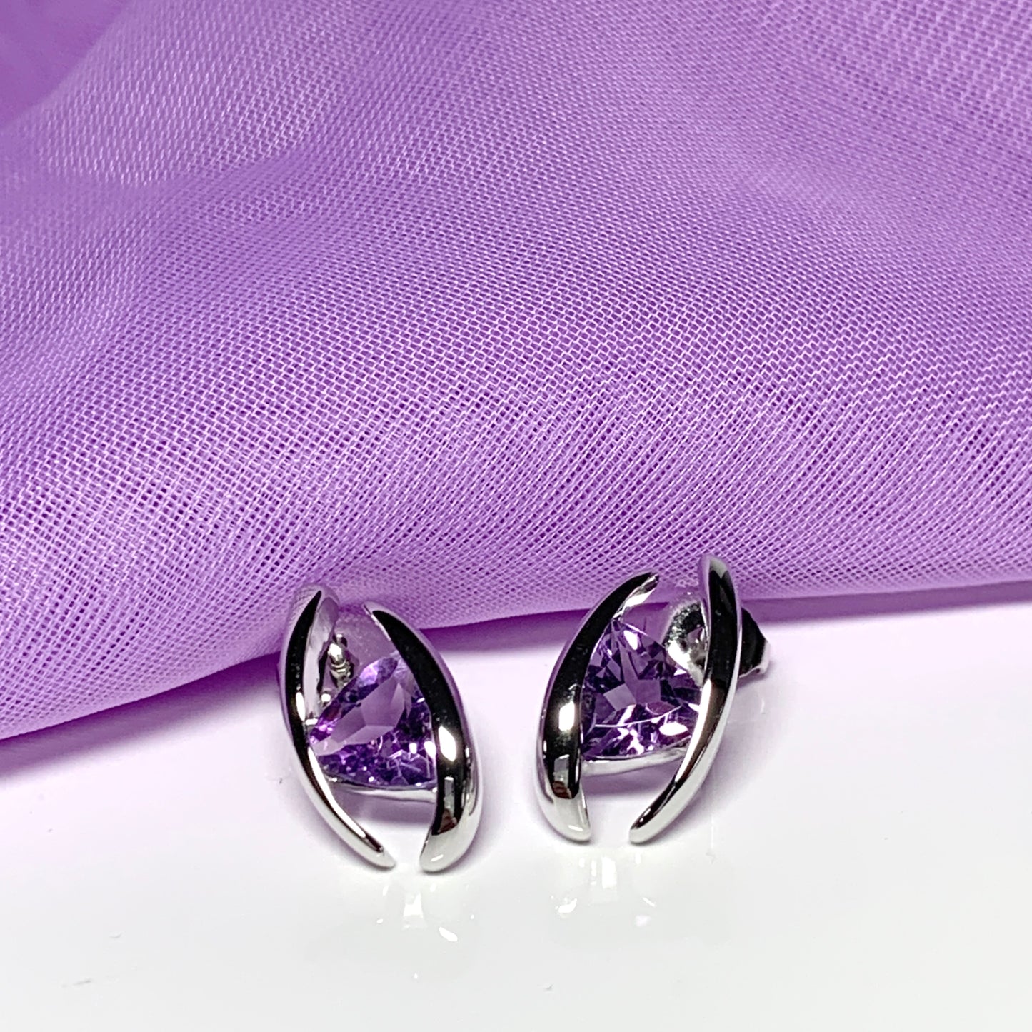 Triangle shaped sterling silver real amethyst fancy stud earrings