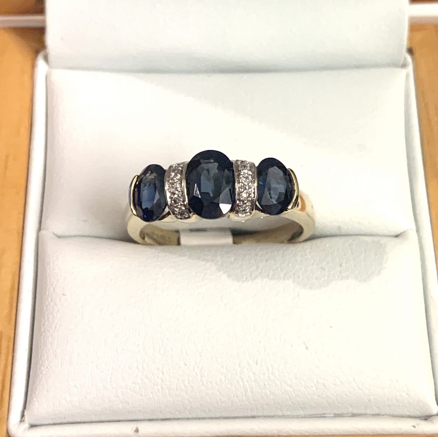 Triple Dark Blue Sapphire Eternity Ring Diamond Yellow Gold