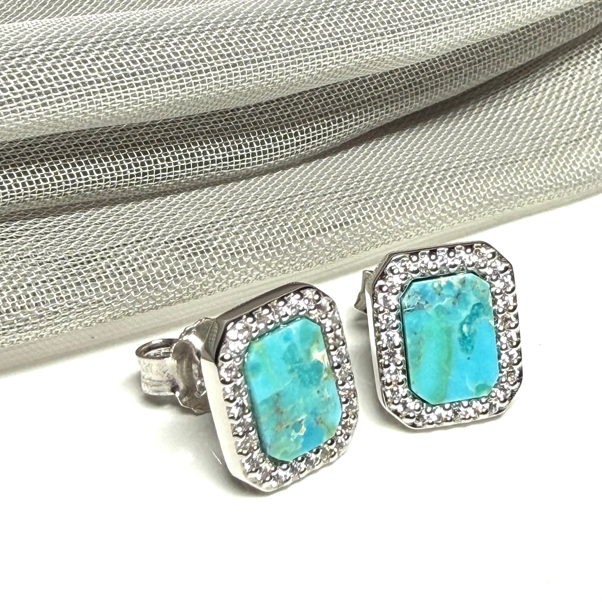 Turquoise and cubic zirconia blue green square stud earrings sterling silver
