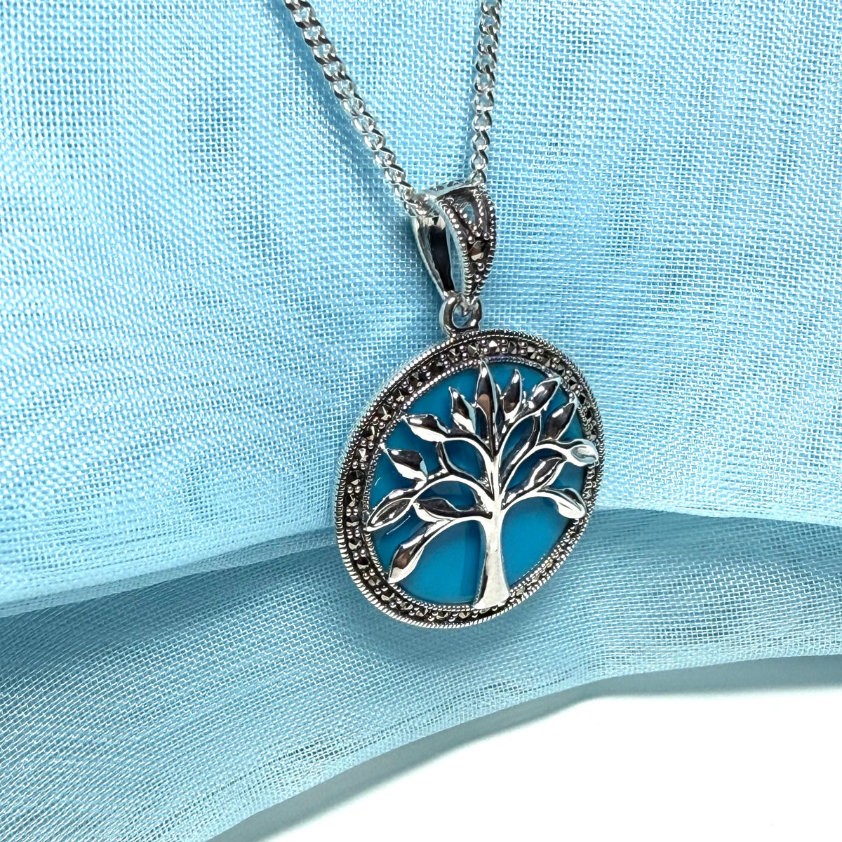 Turquoise and marcasite necklace sterling silver Tree Of Life pendant with chain