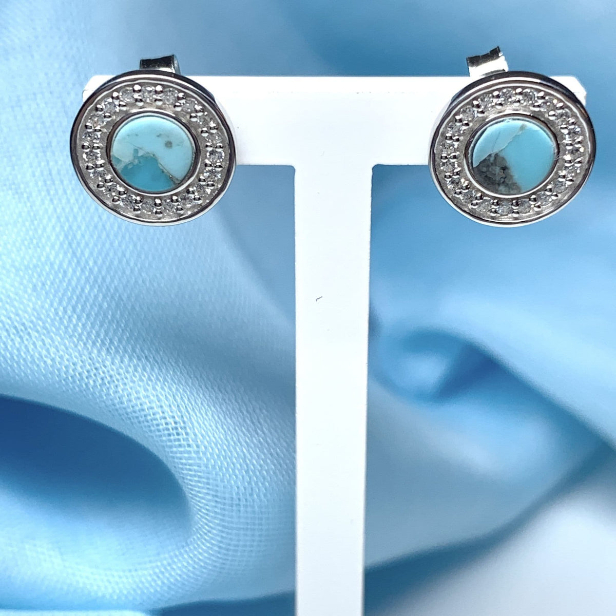 Turquoise and cubic zirconia round sterling silver earrings