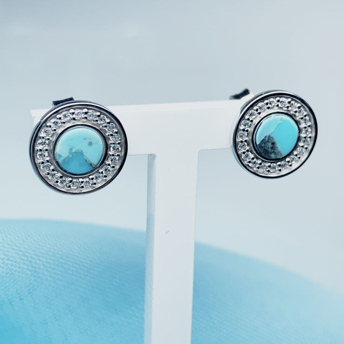 Turquoise and cubic zirconia round sterling silver earrings