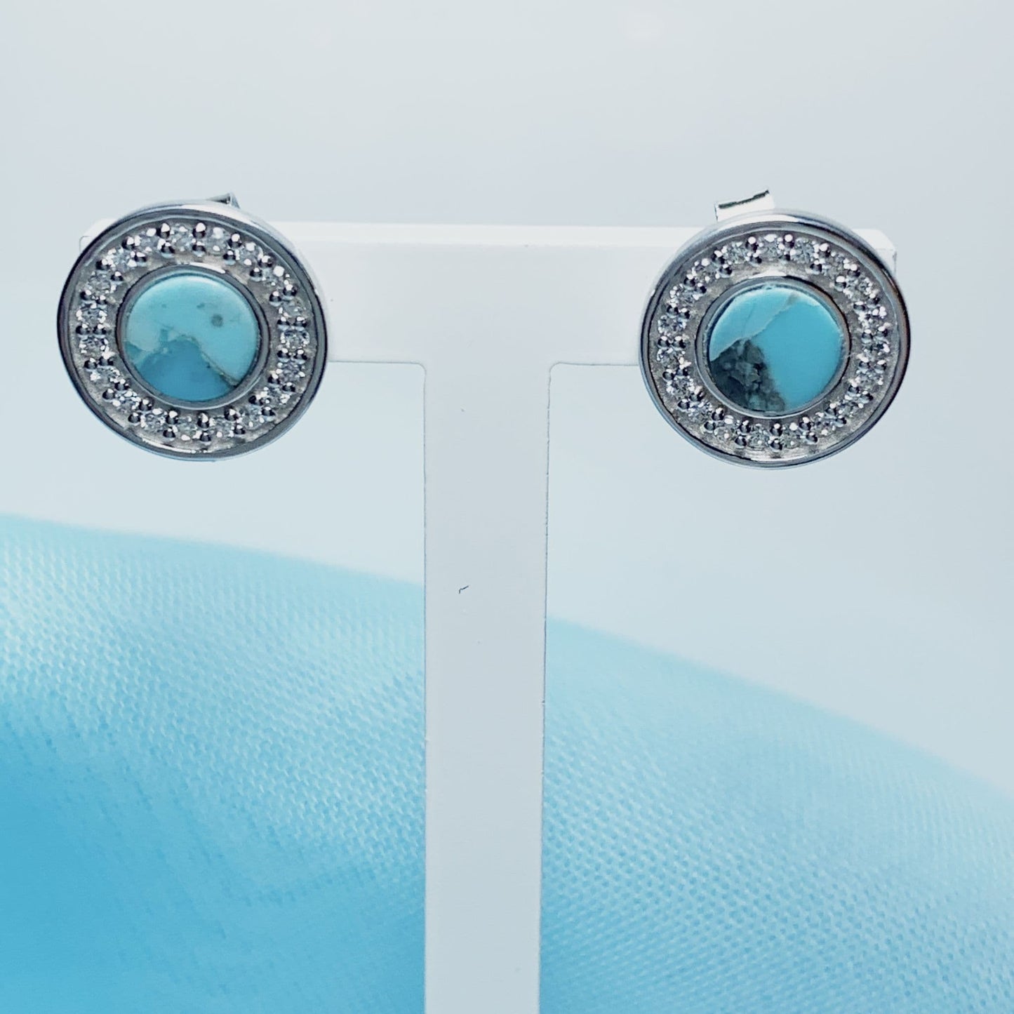Turquoise and cubic zirconia round sterling silver earrings