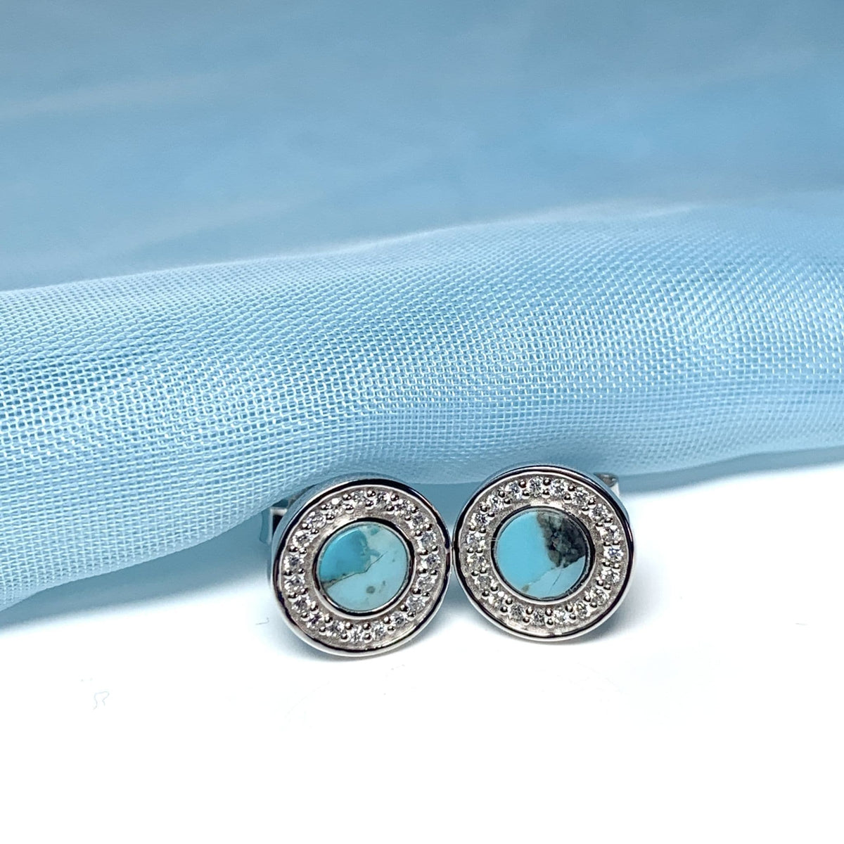 Turquoise and cubic zirconia round sterling silver earrings