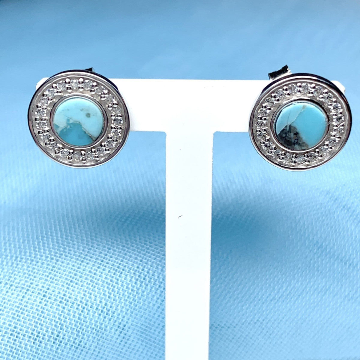 Turquoise and cubic zirconia round sterling silver earrings