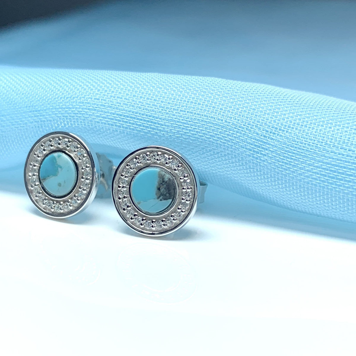 Turquoise and cubic zirconia round sterling silver earrings