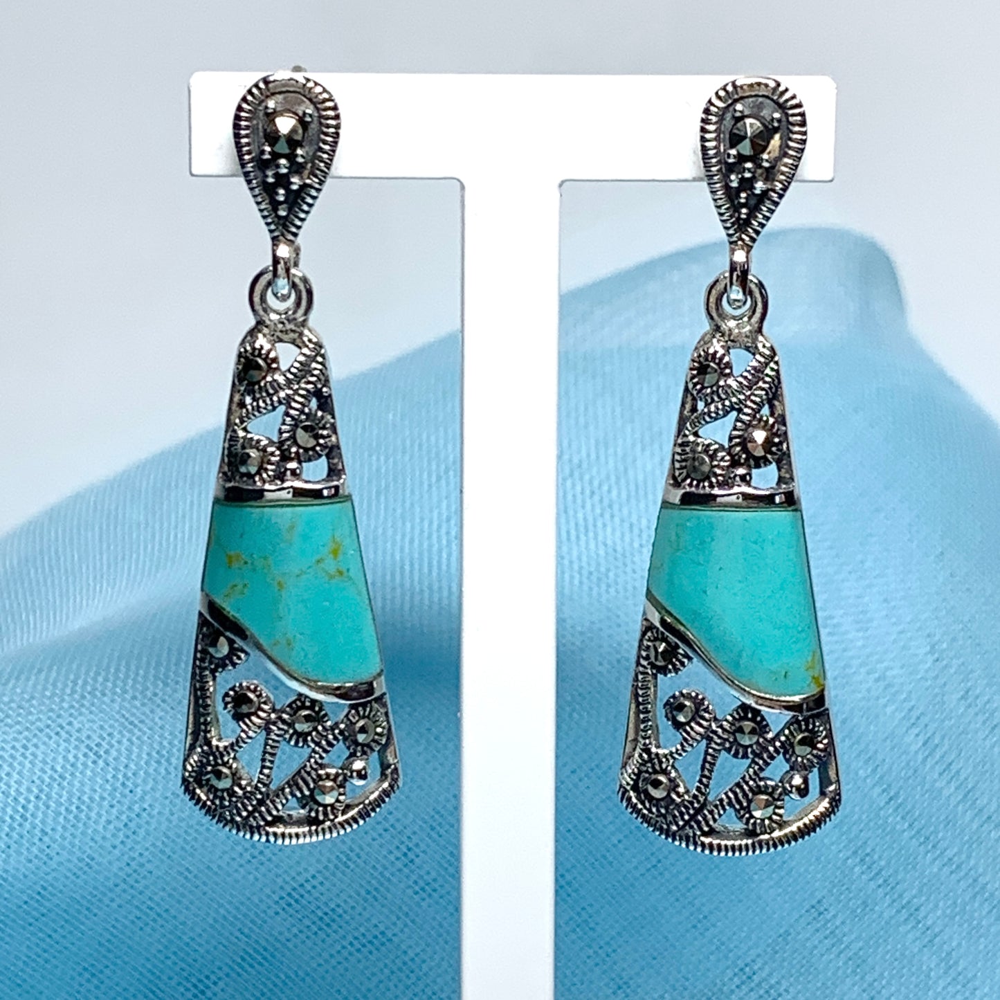 Turquoise and marcasite long drop earrings sterling silver