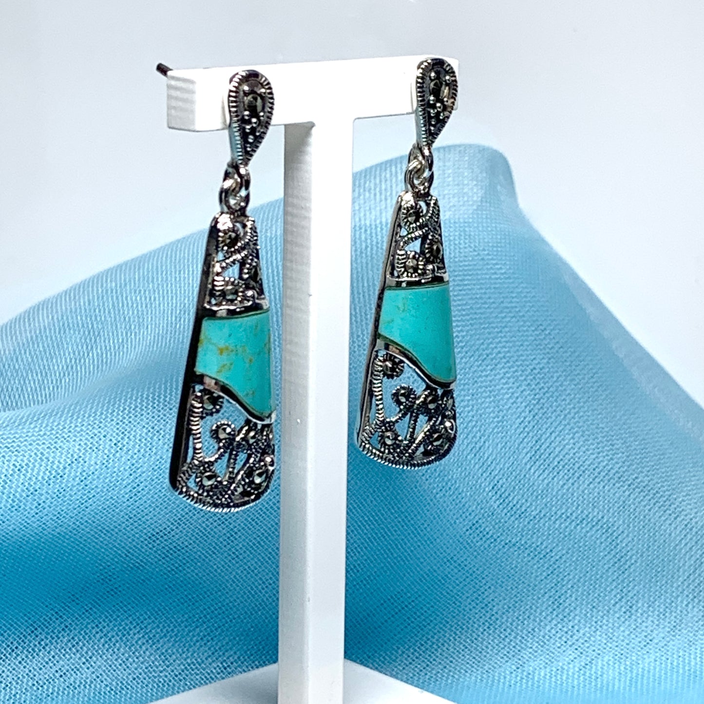 Turquoise and marcasite long drop earrings sterling silver