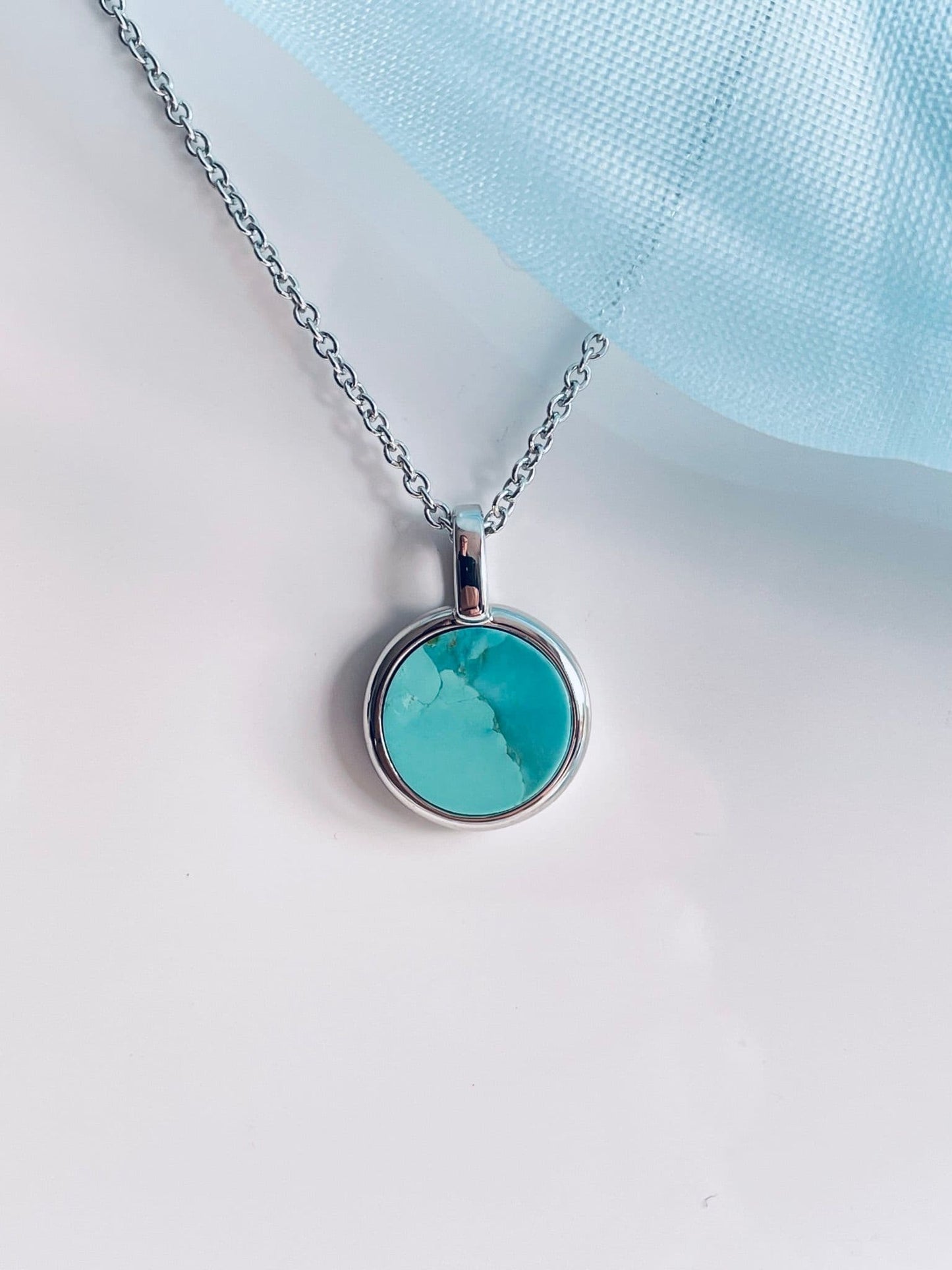 Turquoise blue green round small necklace sterling silver
