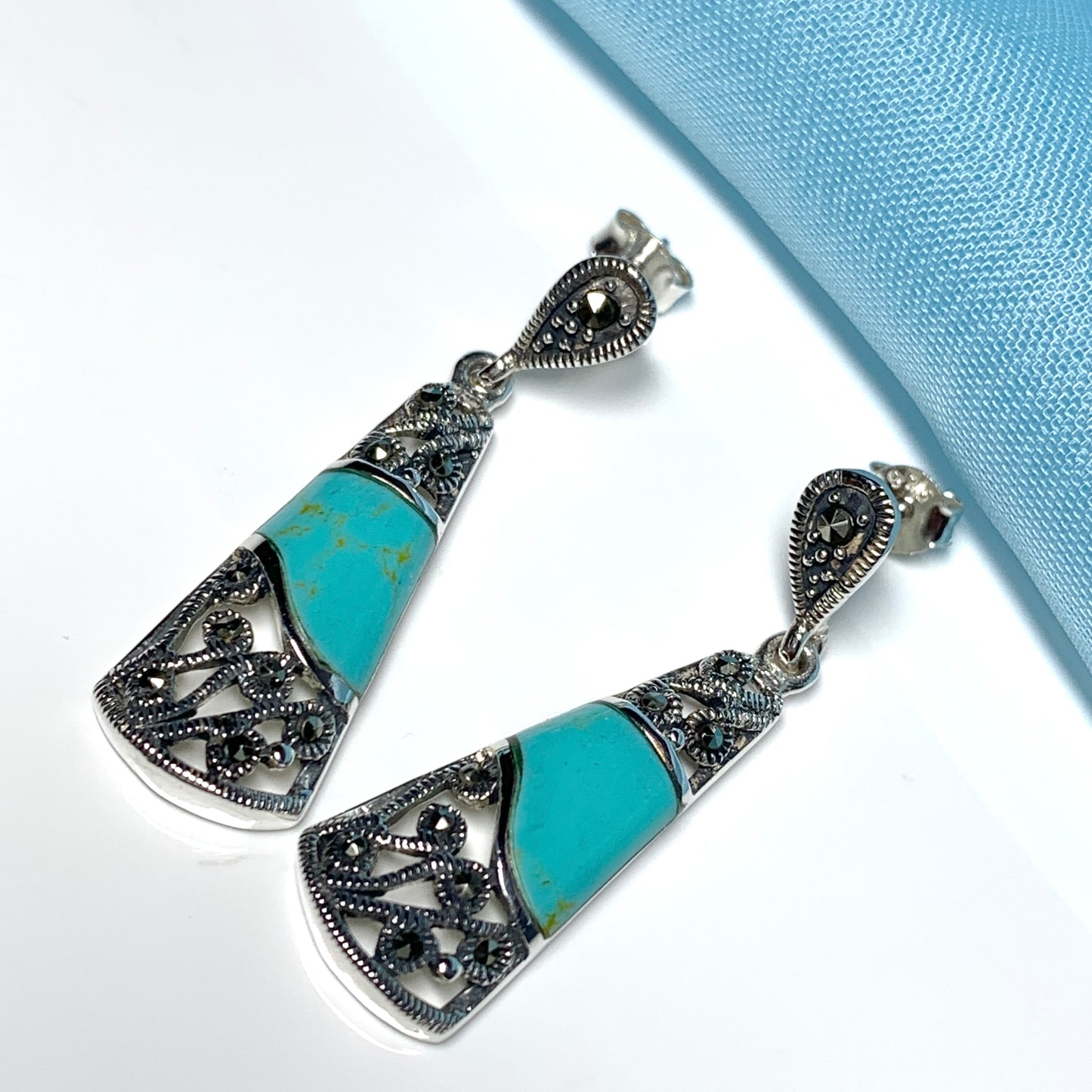 Turquoise and marcasite long drop earrings sterling silver