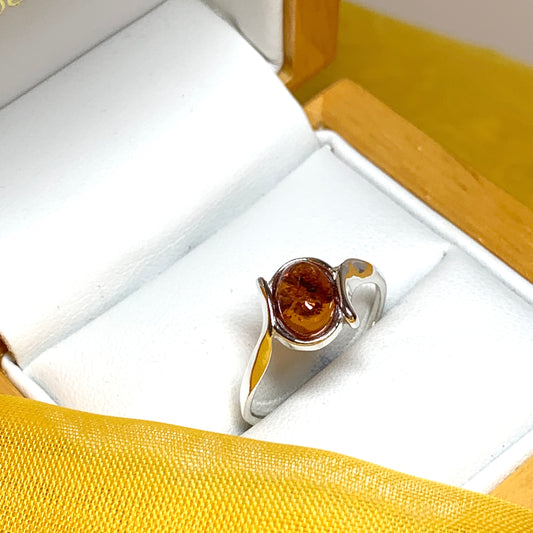 Twisted Sterling Silver Oval Orange Amber Ring