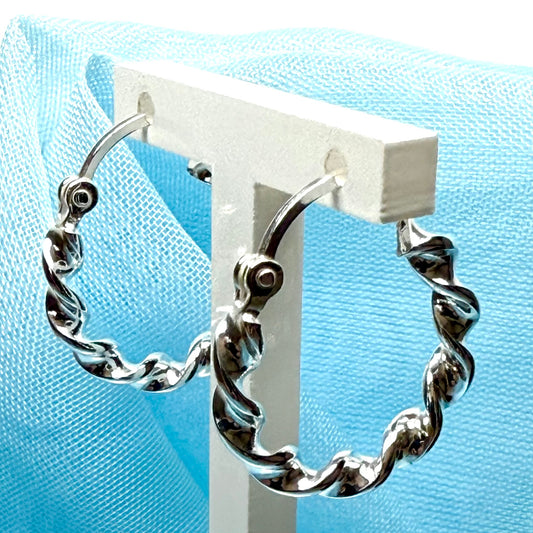 Twisted polished hoop earrings sterling silver round 17 mm