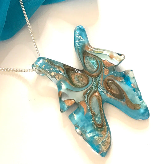 Large real Murano glass necklace blue butterfly shape pendant sterling silver