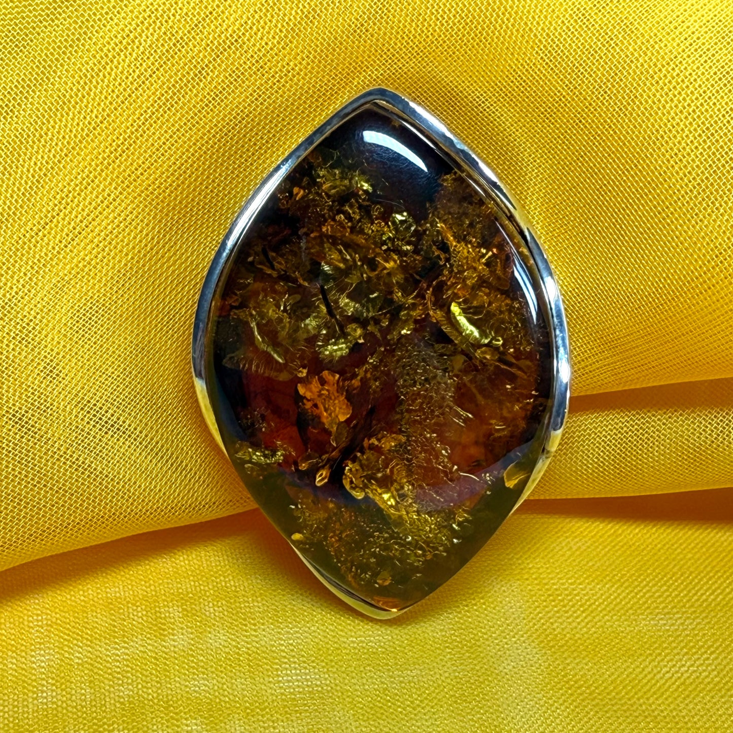 Large brooch real amber marquise shaped sterling silver