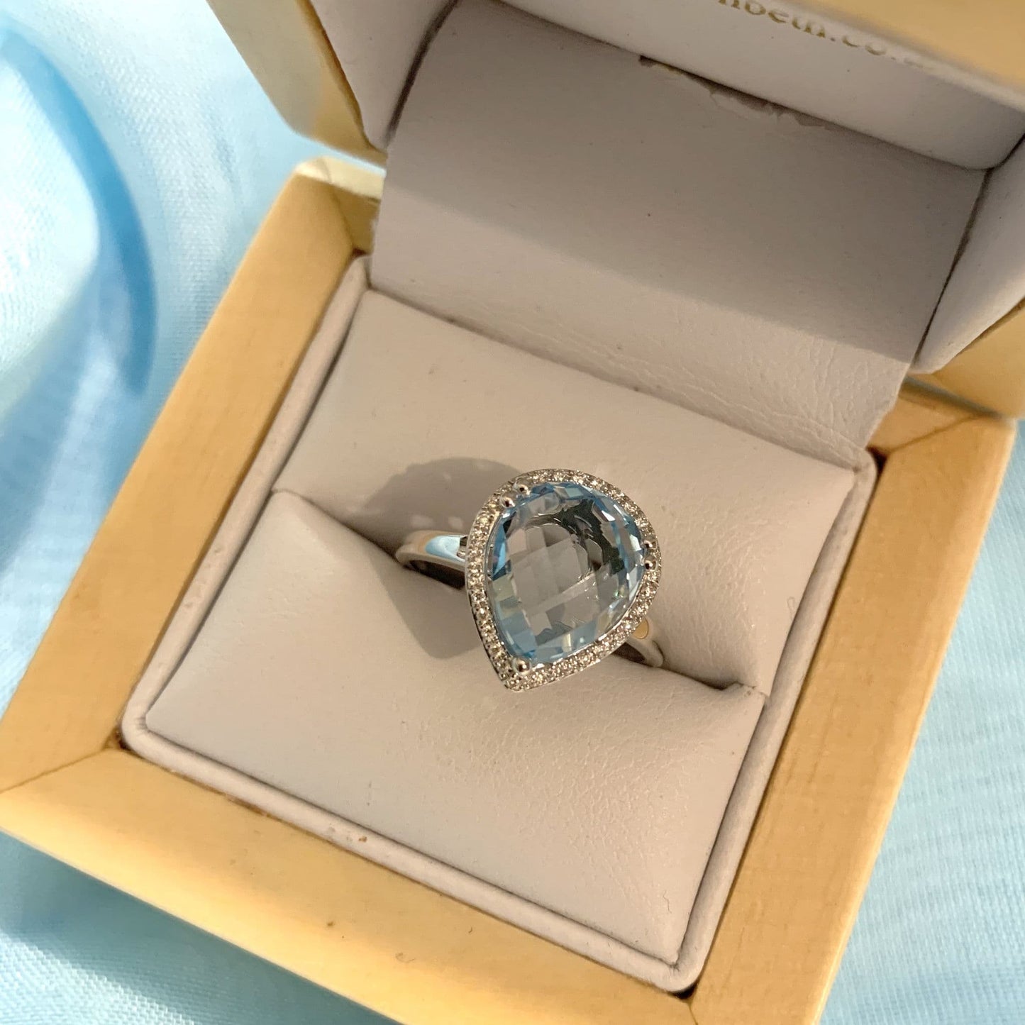 White gold large blue topaz diamond pear shaped cluster ring