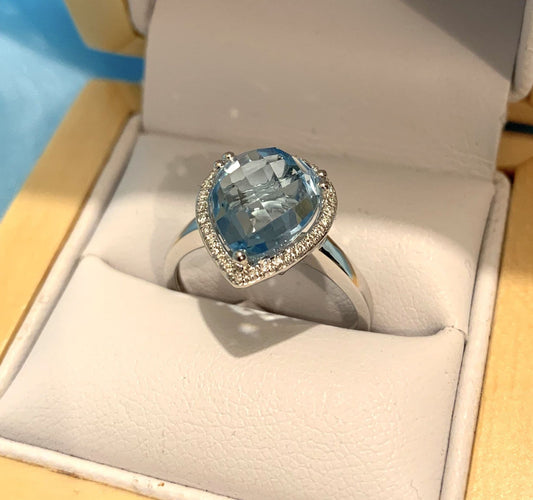 White gold large blue topaz diamond pear shaped cluster ring
