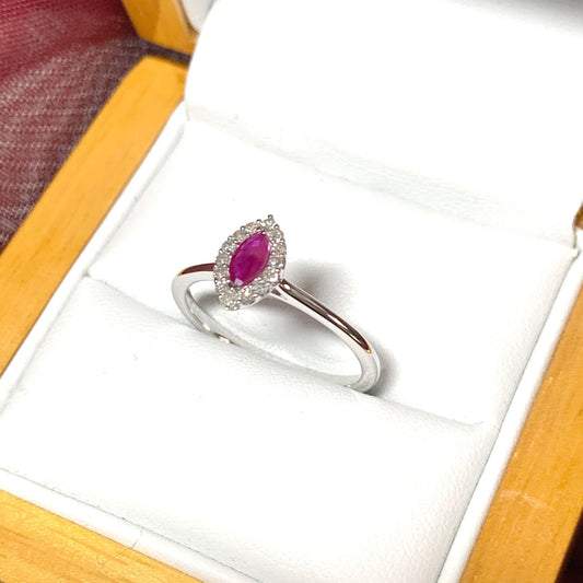 White gold marquise cut real red ruby and diamond cluster ring