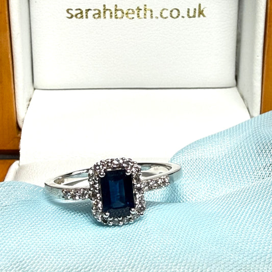 White gold real blue sapphire and diamond square shaped cluster ring