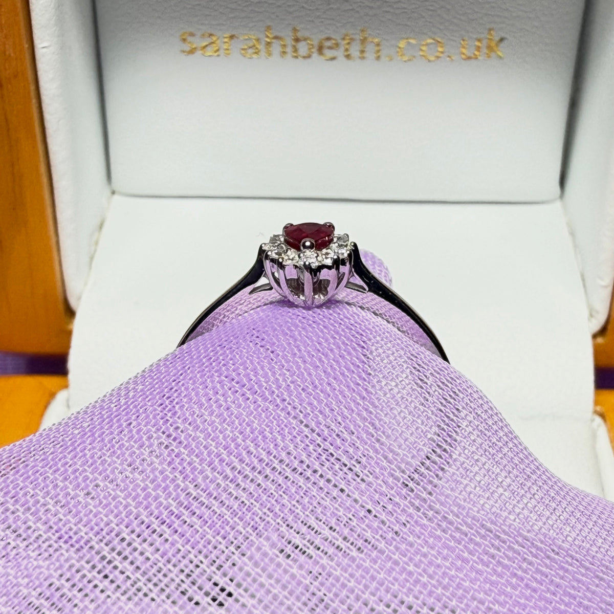 White gold real ruby and real diamond pear teardrop shaped small cluster ring