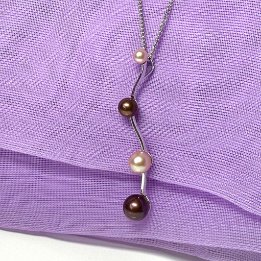 White gold round chocolate freshwater cultured pearl necklace long pendant