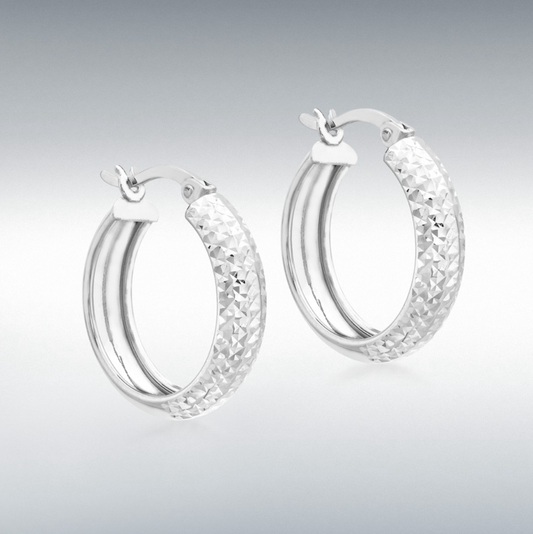 White gold hoop earrings patterned diamond cut 21 mm
