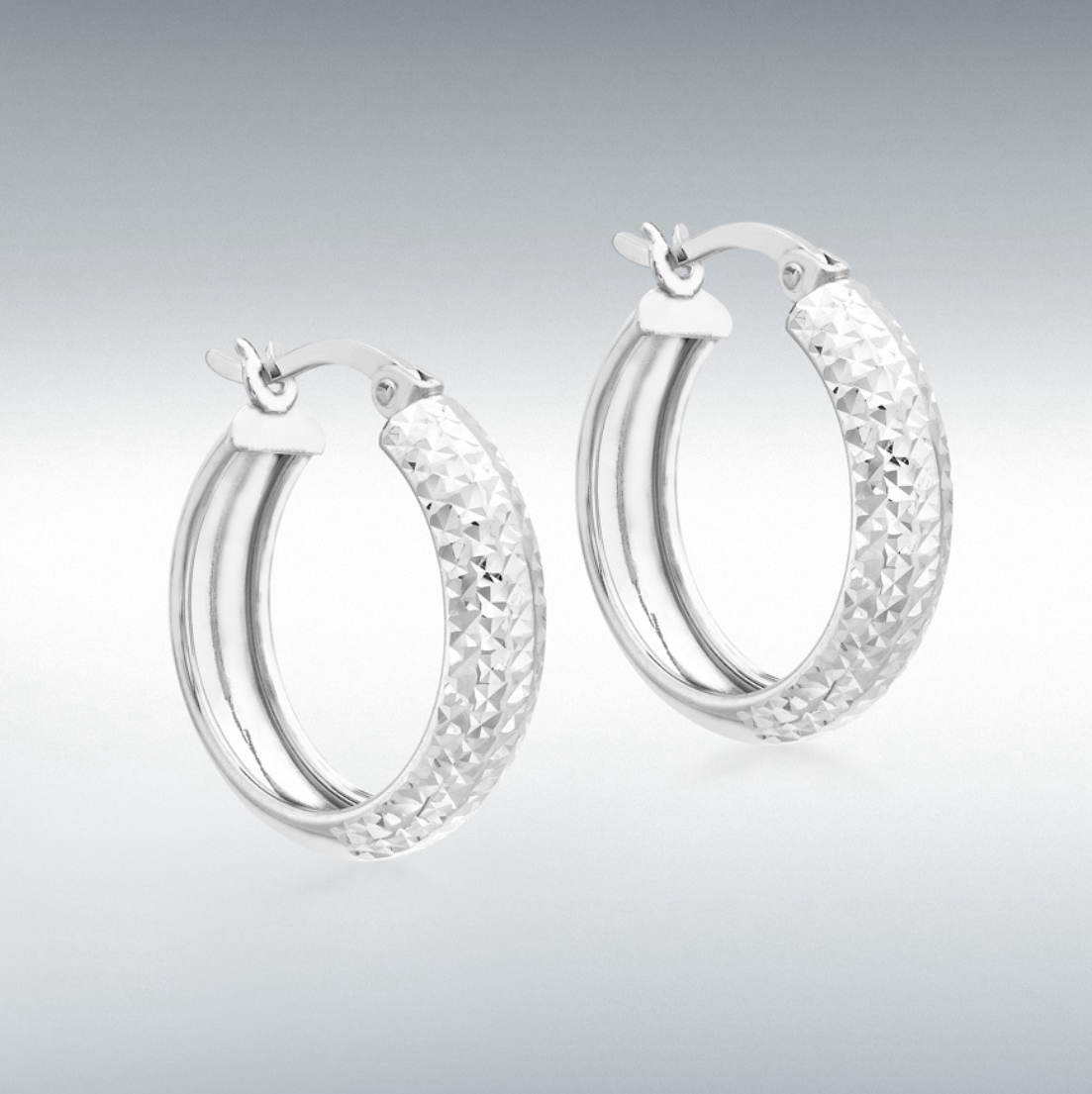 White Gold Hoop Earrings Diamond Cut Patterned 21 mm