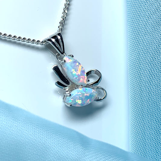 White gold marquise opal swirl necklace