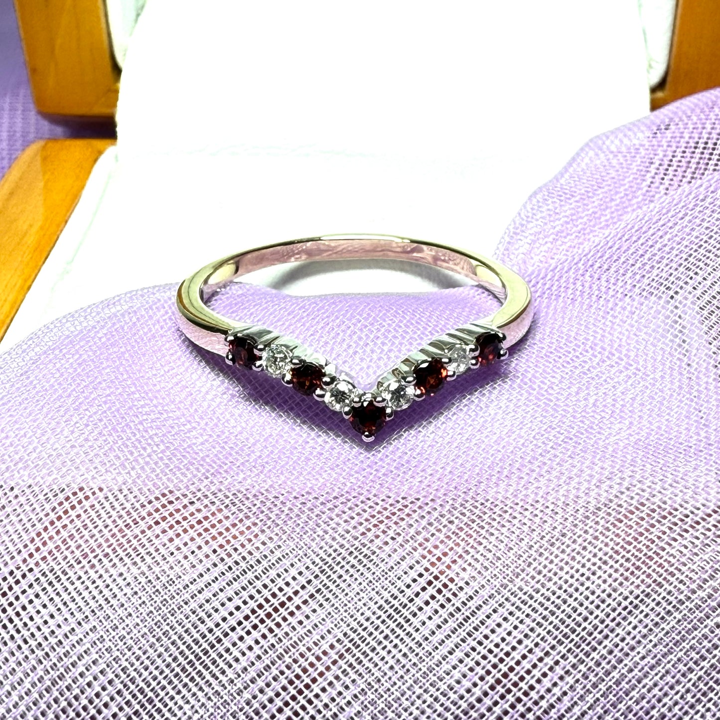 Wishbone ring channel set yellow gold real garnet diamond