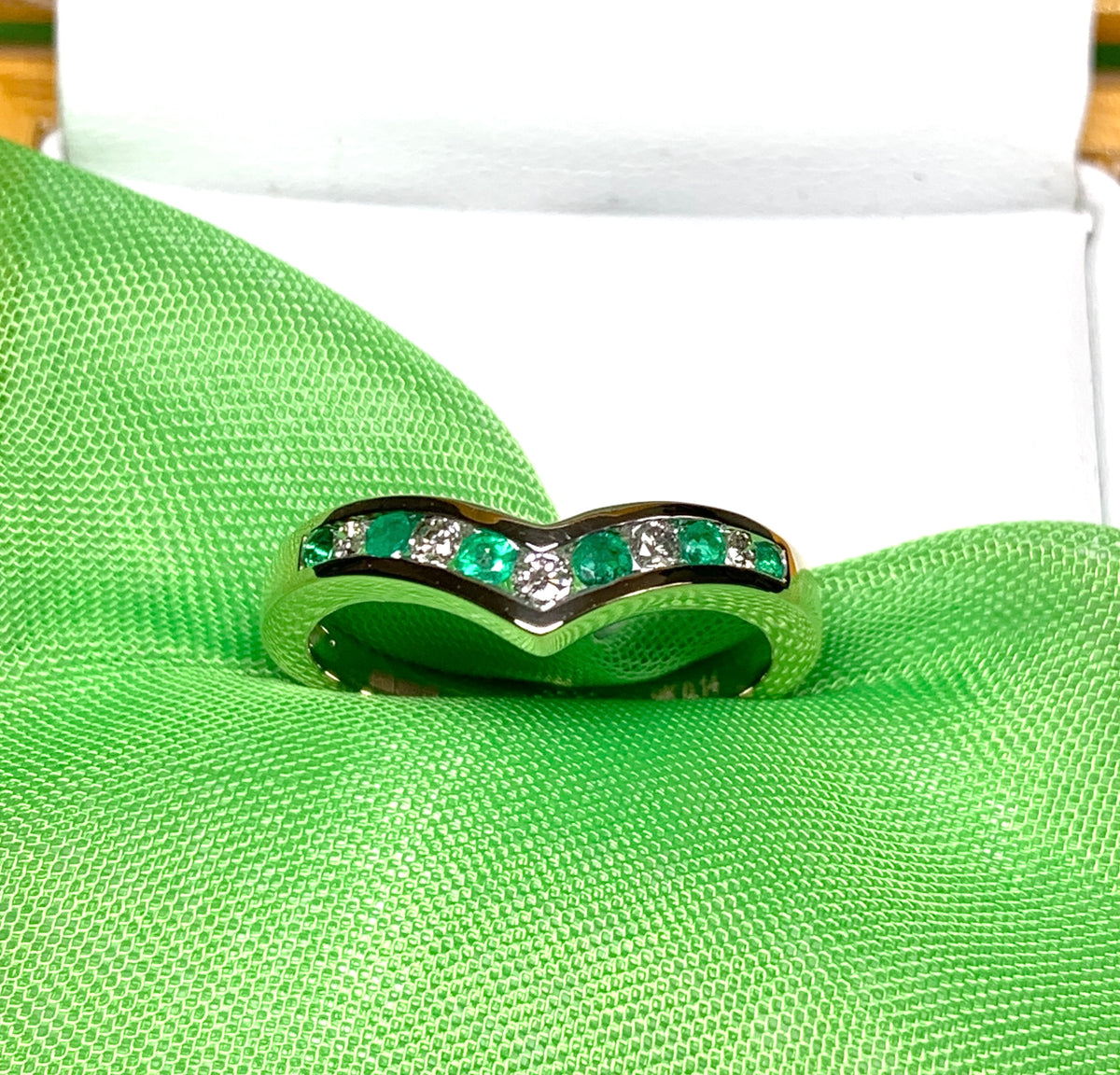 Yellow Gold Green Emerald And Diamond Wishbone Ring Rubbed Smooth Over Setting