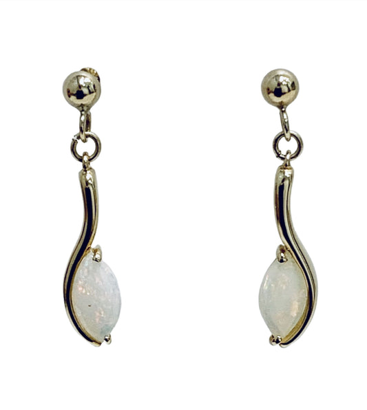 Yellow gold real opal marquise drop earrings