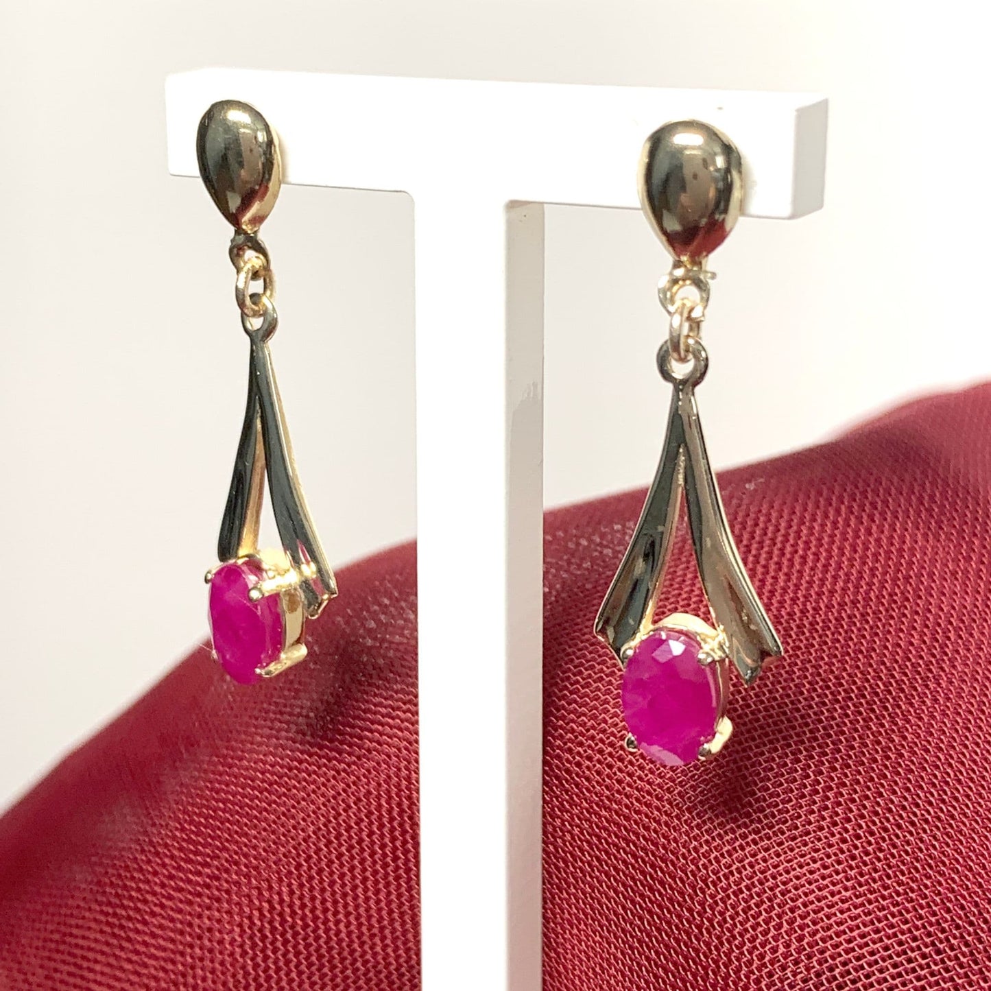 Yellow Gold Oval Ruby Drop Earrings